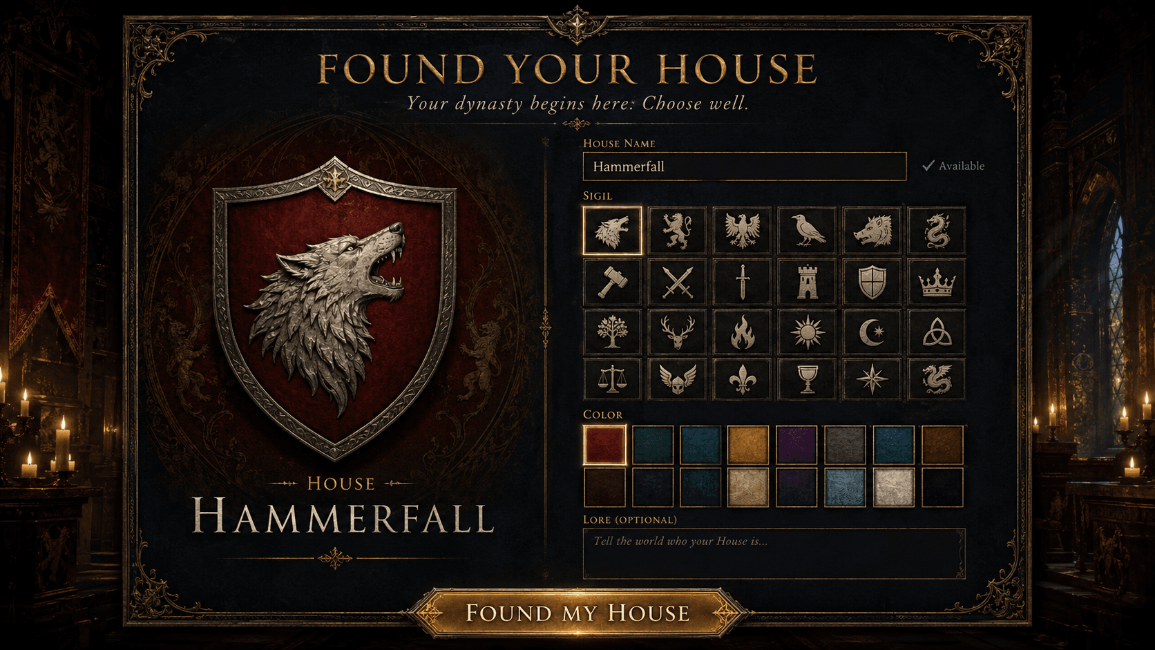Stand Eternal in-game ritual: a parchment-and-candle scene where the player chooses a House name, sigil, color, and lore — the dynasty's founding moment.